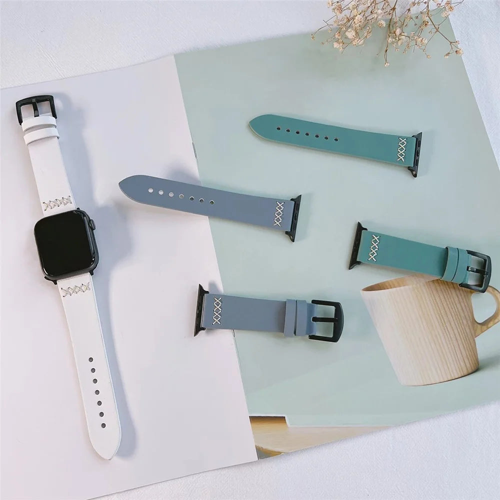 Watch Strap for Apple Watch Series 11 10 42mm / 9 8 7 41mm / SE3 SE2 SE 6 5 4 40mm / 3 2 1 38mm Cross Stitch Leather Watch Band - Brown - 4