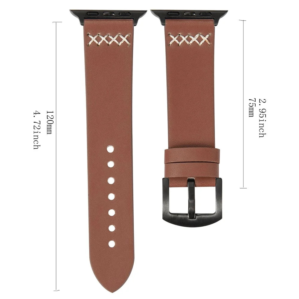 Watch Strap for Apple Watch Series 11 10 42mm / 9 8 7 41mm / SE3 SE2 SE 6 5 4 40mm / 3 2 1 38mm Cross Stitch Leather Watch Band - Brown - 5