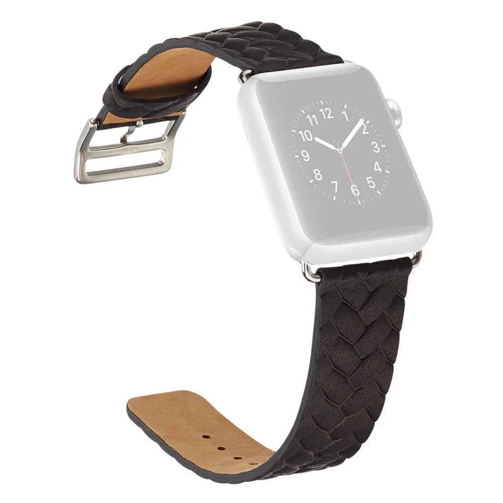 Watch Strap for Apple Watch Series 11 10 42mm / 9 8 7 41mm / SE3 SE2 SE 6 5 4 40mm / 3 2 1 38mm Leather Watch Band Woven Texture - Black - 1