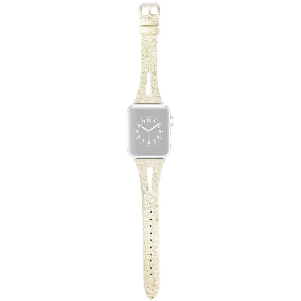 Watch Strap for Apple Watch Series 11 10 42mm / 9 8 7 41mm / SE3 SE2 SE 6 5 4 40mm / 3 2 1 38mm Glitter Leather Wristband - White - 1