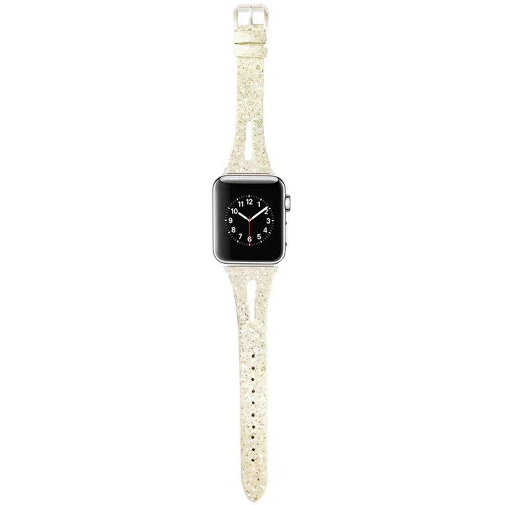 Watch Strap for Apple Watch Series 11 10 42mm / 9 8 7 41mm / SE3 SE2 SE 6 5 4 40mm / 3 2 1 38mm Glitter Leather Wristband - White - 2