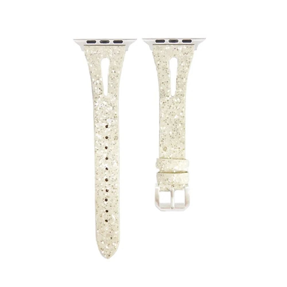Watch Strap for Apple Watch Series 11 10 42mm / 9 8 7 41mm / SE3 SE2 SE 6 5 4 40mm / 3 2 1 38mm Glitter Leather Wristband - White - 3