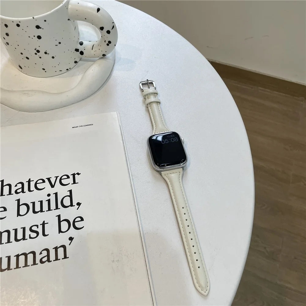 Strap for Apple Watch Series 10 42mm / 9 8 7 41mm / SE (2023) SE (2022) SE 6 5 4 40mm / 3 2 1 38mm Slim Leather Watch Band - White - 2