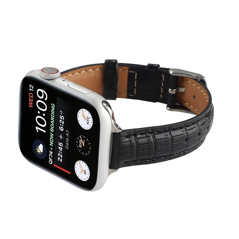 Crocodile Texture Leather Strap Strap for Apple Watch Series 11 10 42mm / 9 8 7 41mm / SE3 SE2 SE 6 5 4 40mm / 3 2 1 38mm Wrist Band - Black - 5