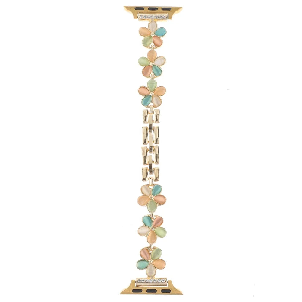 For Apple Watch Ultra 3 2 1 49mm / Series 11 10 46mm / 9 8 7 45mm / SE3 SE2 SE 6 5 4 44mm / 3 2 1 42mm Zinc Alloy Watch Band - Color Flower / Gold - 1
