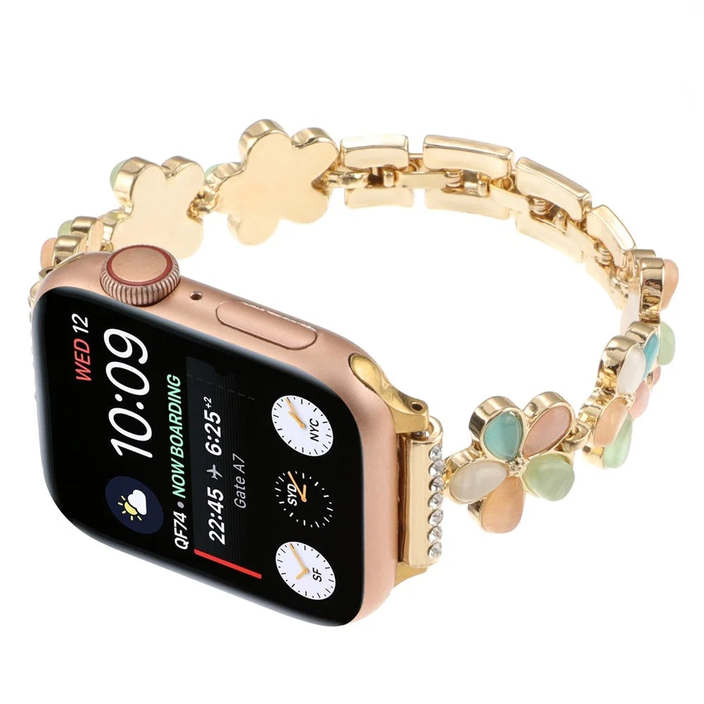 For Apple Watch Ultra 3 2 1 49mm / Series 11 10 46mm / 9 8 7 45mm / SE3 SE2 SE 6 5 4 44mm / 3 2 1 42mm Zinc Alloy Watch Band - Color Flower / Gold - 3