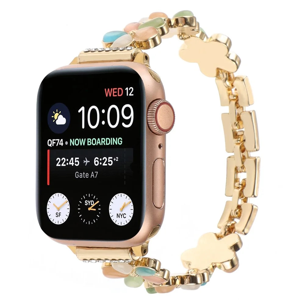 Strap for Apple Watch Series 11 10 42mm / 9 8 7 41mm / SE3 SE2 SE 6 5 4 40mm / 3 2 1 38mm Zinc Alloy Watch Strap - Color Flower / Gold - 2