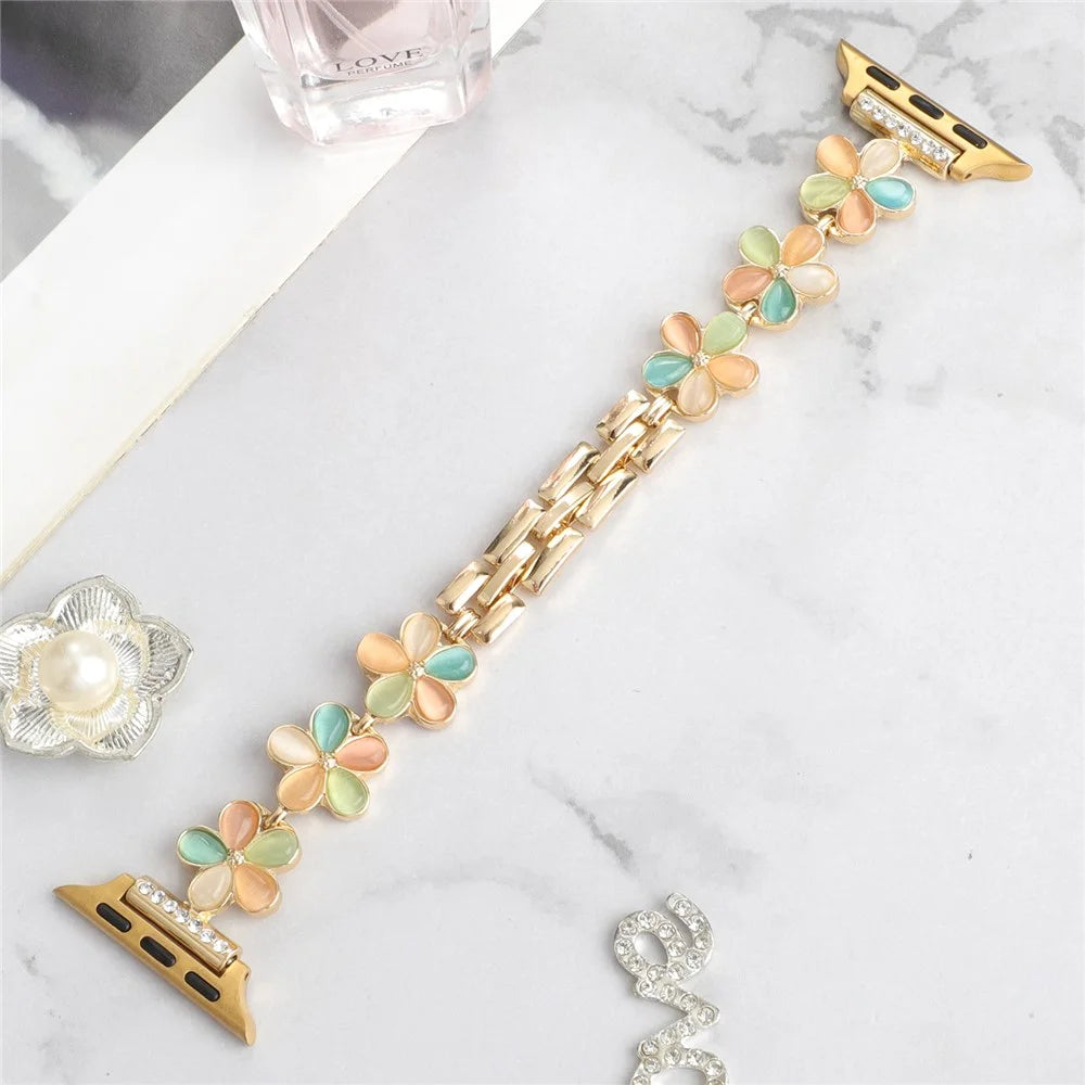 Strap for Apple Watch Series 11 10 42mm / 9 8 7 41mm / SE3 SE2 SE 6 5 4 40mm / 3 2 1 38mm Zinc Alloy Watch Strap - Color Flower / Gold - 4