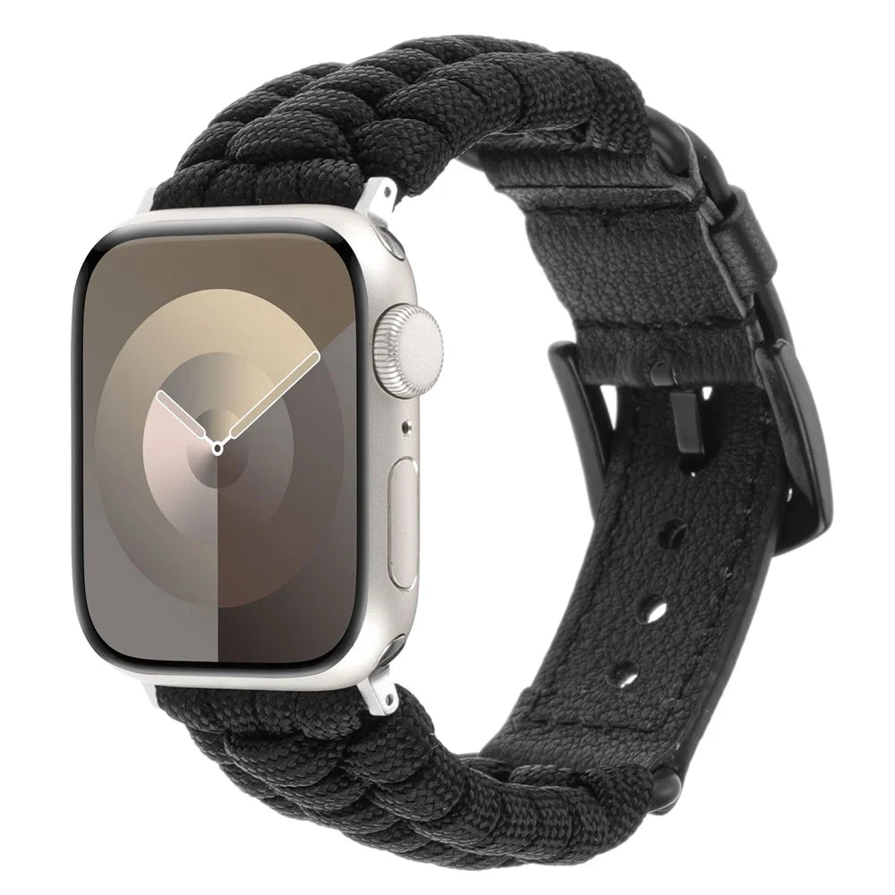 For Apple Watch Series 11 10 42mm / 9 8 7 41mm / SE3 SE2 SE 6 5 4 40mm / 3 2 1 38mm Braided Rope+Genuine Cow Leather Strap - Black - 2