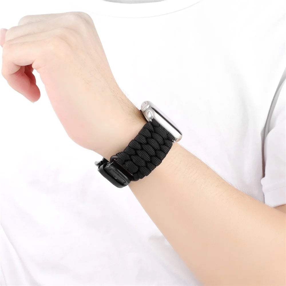 For Apple Watch Series 11 10 42mm / 9 8 7 41mm / SE3 SE2 SE 6 5 4 40mm / 3 2 1 38mm Braided Rope+Genuine Cow Leather Strap - Black - 3