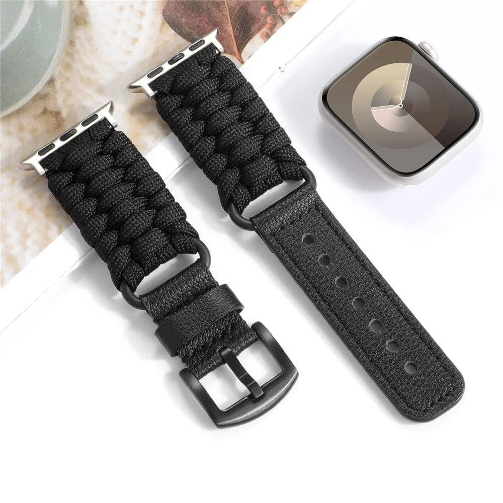 For Apple Watch Series 11 10 42mm / 9 8 7 41mm / SE3 SE2 SE 6 5 4 40mm / 3 2 1 38mm Braided Rope+Genuine Cow Leather Strap - Black - 4