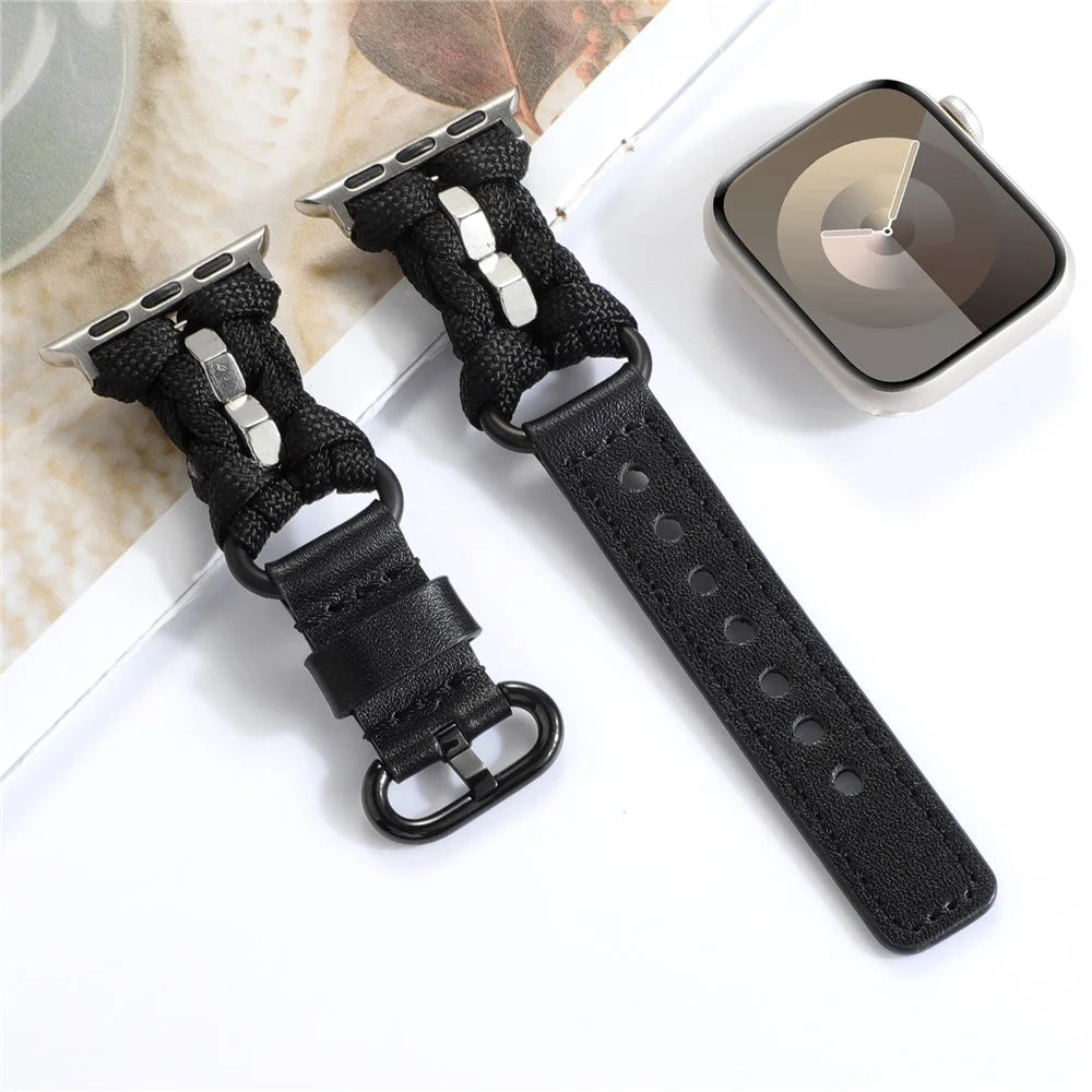 For Apple Watch Series 11 10 42mm / 9 8 7 41mm / SE3 SE2 SE 6 5 4 40mm / 3 2 1 38mm Nuts Decor Braided Band Watch Strap - Black - 4