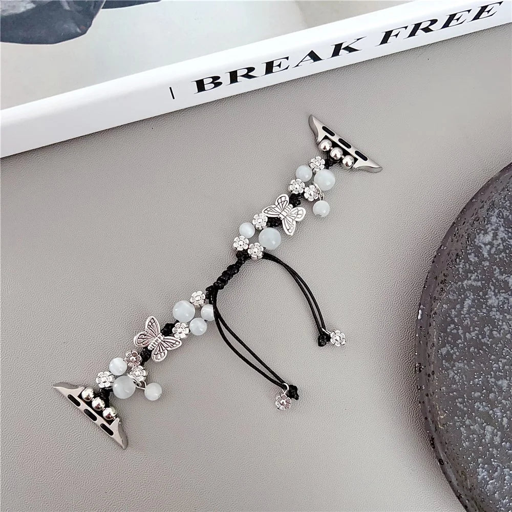 Butterfly Decor Beaded Bracelet for Apple Watch Ultra 3 2 1 49mm / Series 11 10 46mm / 9 8 7 45mm / SE3 SE2 SE 6 5 4 44mm / 3 2 1 42mm Watch Band - Black - 1