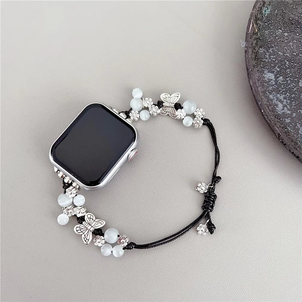 Butterfly Decor Beaded Bracelet for Apple Watch Ultra 3 2 1 49mm / Series 11 10 46mm / 9 8 7 45mm / SE3 SE2 SE 6 5 4 44mm / 3 2 1 42mm Watch Band - Black - 2