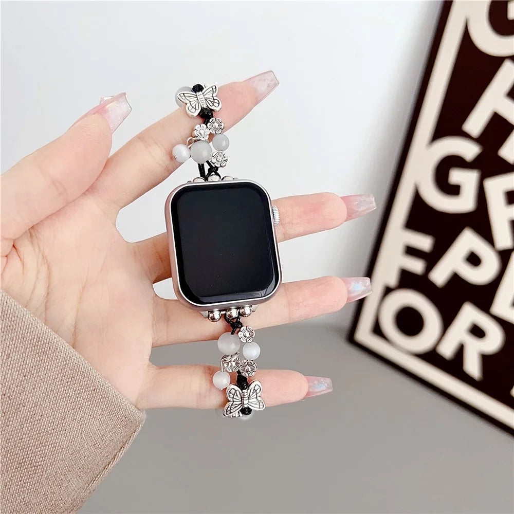 Butterfly Decor Beaded Bracelet for Apple Watch Ultra 3 2 1 49mm / Series 11 10 46mm / 9 8 7 45mm / SE3 SE2 SE 6 5 4 44mm / 3 2 1 42mm Watch Band - Black - 3