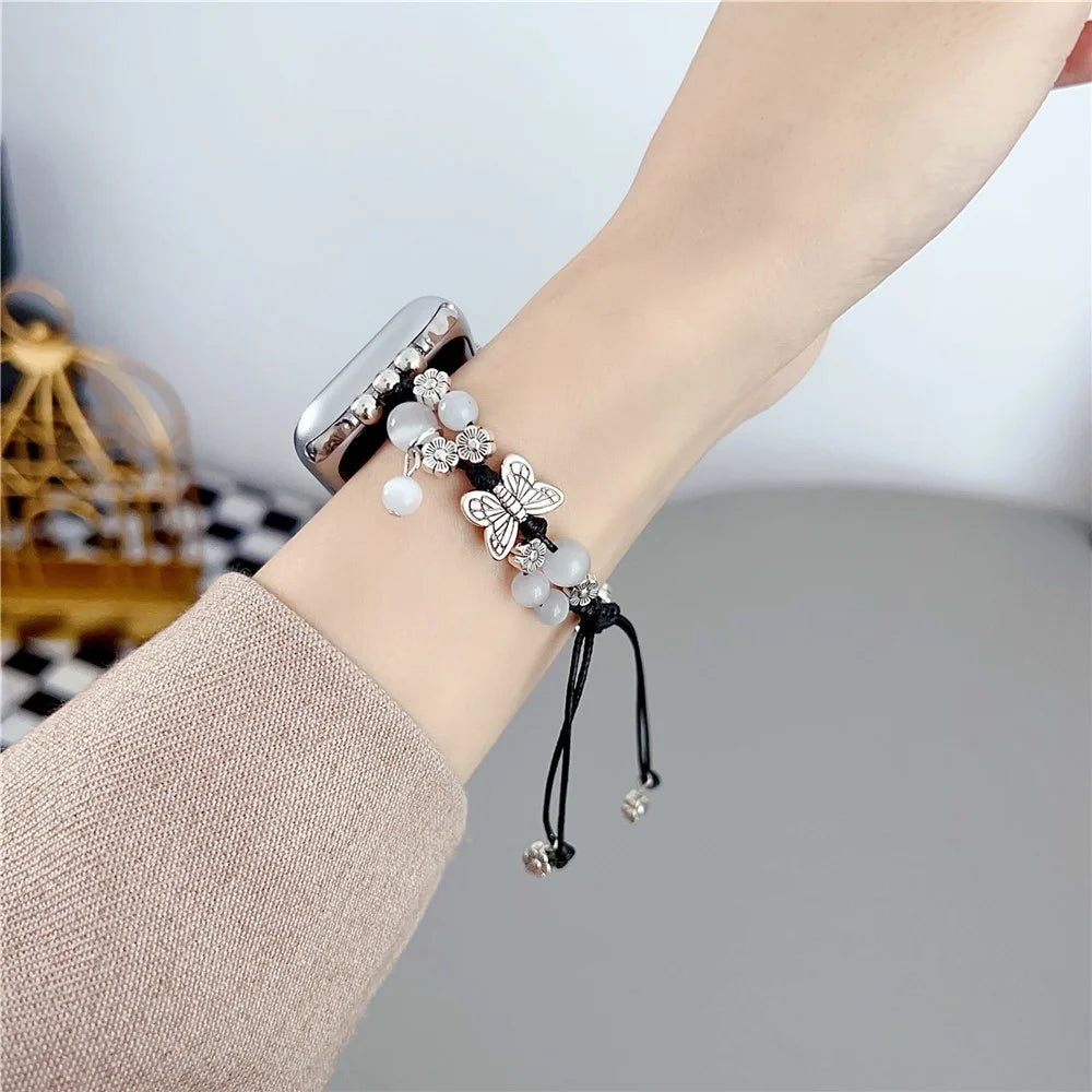 Butterfly Decor Beaded Bracelet for Apple Watch Ultra 3 2 1 49mm / Series 11 10 46mm / 9 8 7 45mm / SE3 SE2 SE 6 5 4 44mm / 3 2 1 42mm Watch Band - Black - 4