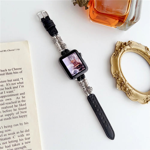 For Apple Watch Series 11 10 42mm / 9 8 7 41mm / SE3 SE2 SE 6 5 4 40mm / 3 2 1 38mm Leather Watch Band Beads Strap - Black - 1