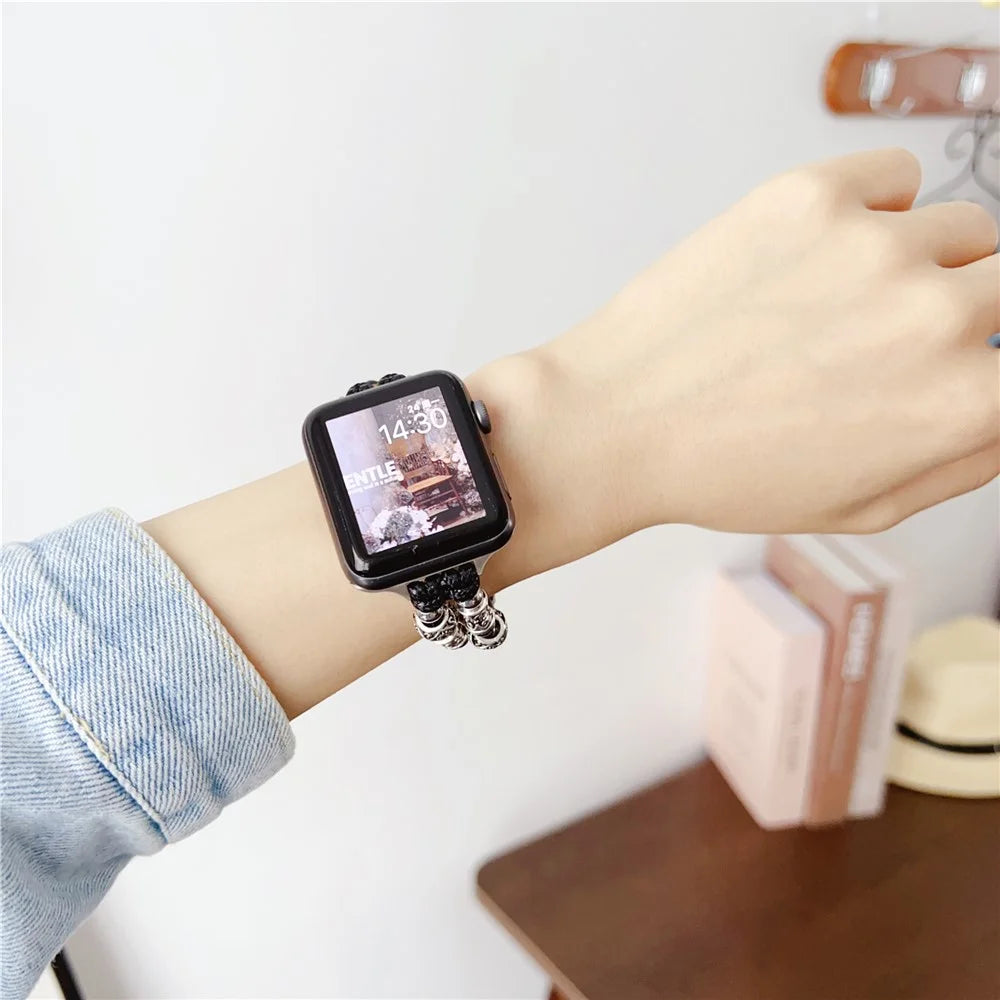 For Apple Watch Series 11 10 42mm / 9 8 7 41mm / SE3 SE2 SE 6 5 4 40mm / 3 2 1 38mm Leather Watch Band Beads Strap - Black - 2