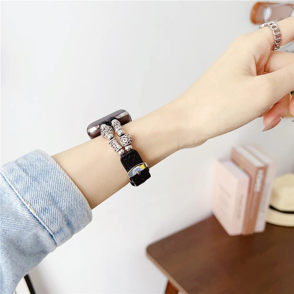 For Apple Watch Series 11 10 42mm / 9 8 7 41mm / SE3 SE2 SE 6 5 4 40mm / 3 2 1 38mm Leather Watch Band Beads Strap - Black - 3