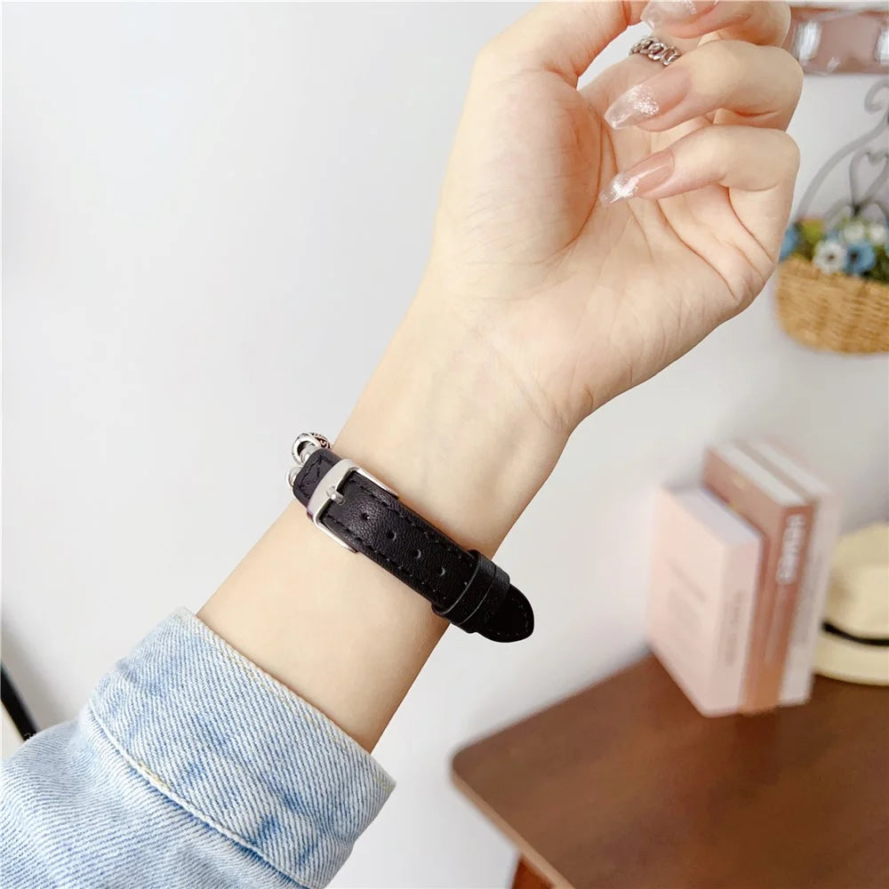 For Apple Watch Series 11 10 42mm / 9 8 7 41mm / SE3 SE2 SE 6 5 4 40mm / 3 2 1 38mm Leather Watch Band Beads Strap - Black - 4
