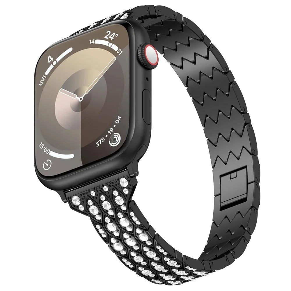 For Apple Watch Series 11 10 42mm / 9 8 7 41mm / SE3 SE2 SE 6 5 4 40mm / 3 2 1 38mm Watch Band Metal Strap Rhinestone - Black - 5