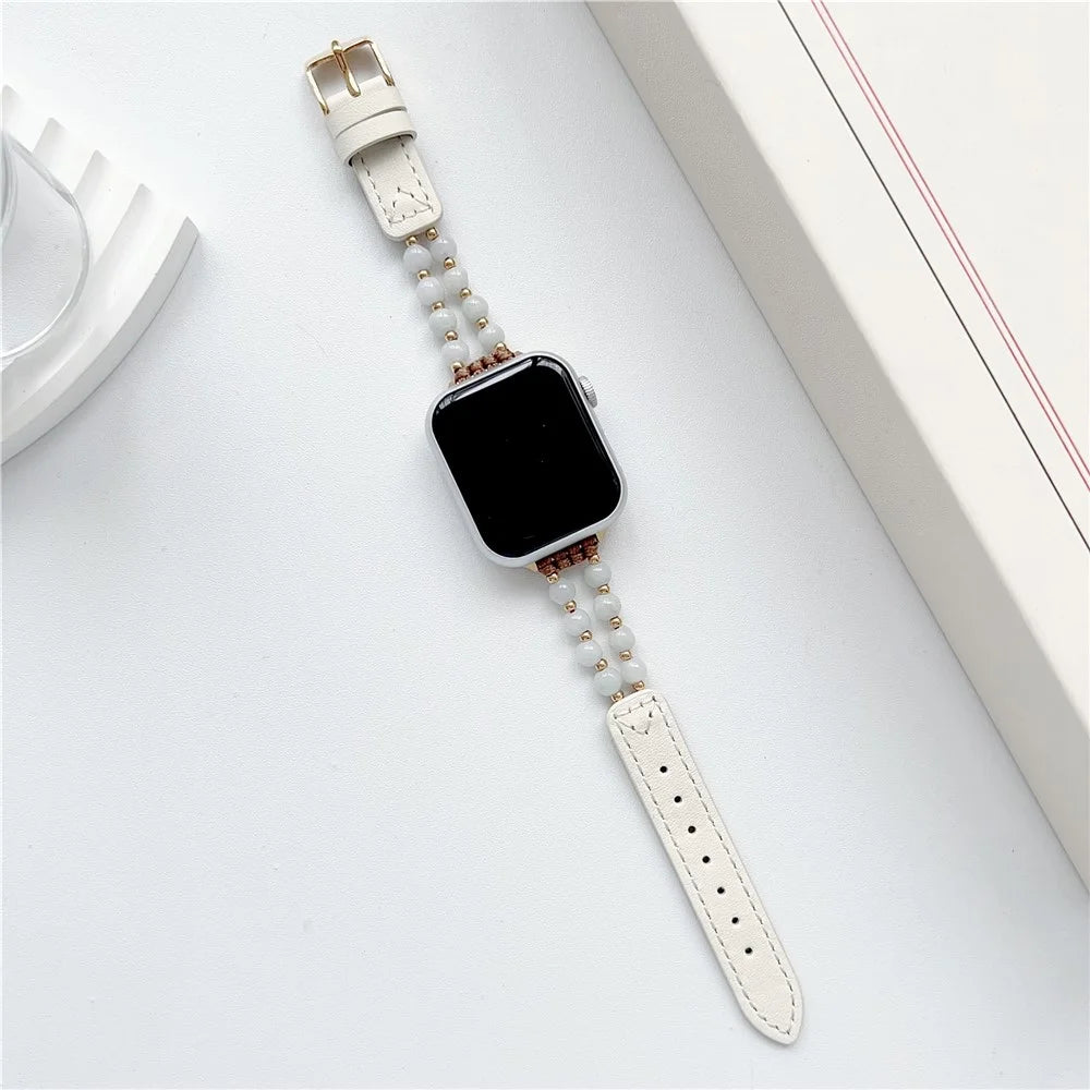 For Apple Watch Series 11 10 42mm / 9 8 7 41mm / SE3 SE2 SE 6 5 4 40mm / 3 2 1 38mm Watch Strap Jade Bead Band - White - 1