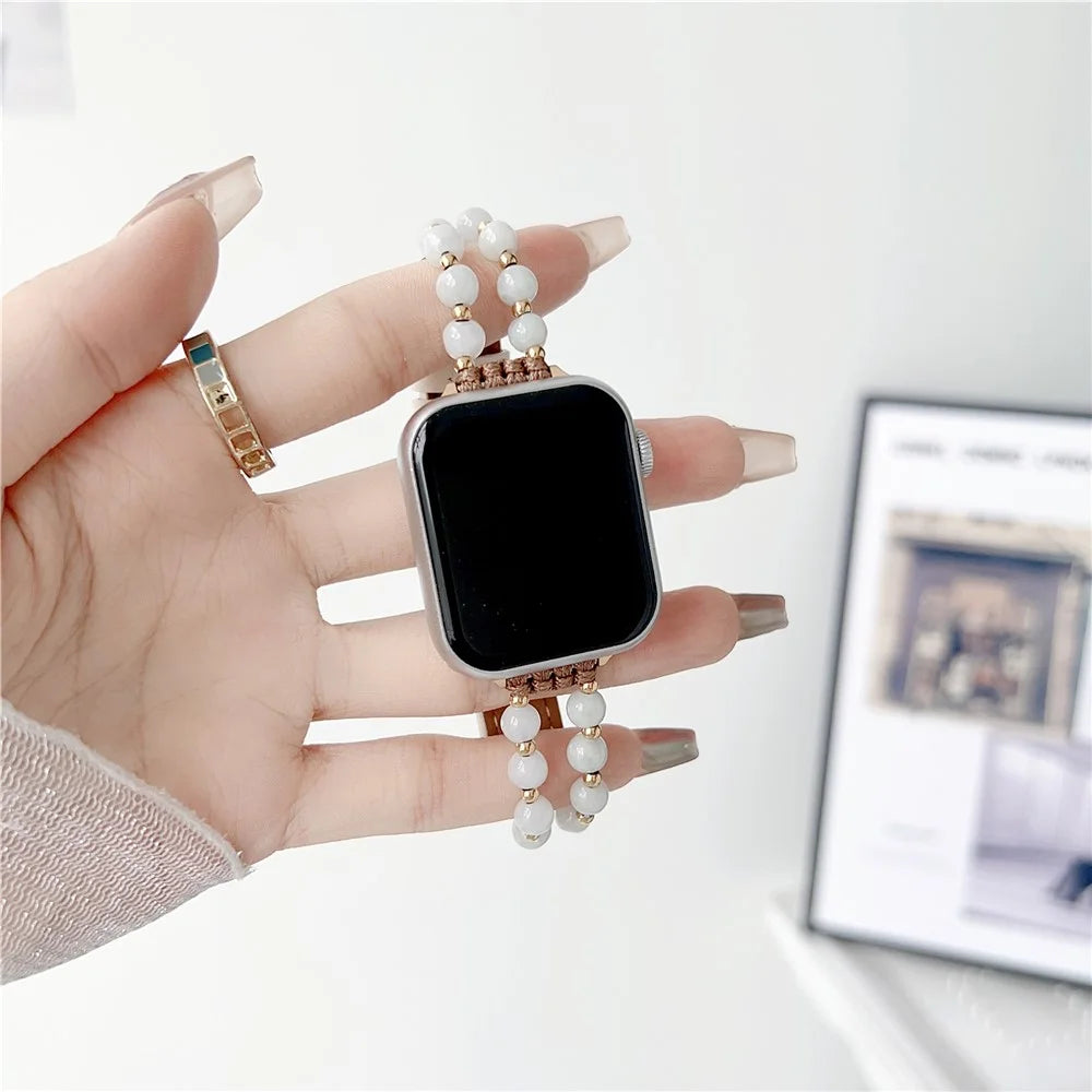 For Apple Watch Series 11 10 42mm / 9 8 7 41mm / SE3 SE2 SE 6 5 4 40mm / 3 2 1 38mm Watch Strap Jade Bead Band - White - 2