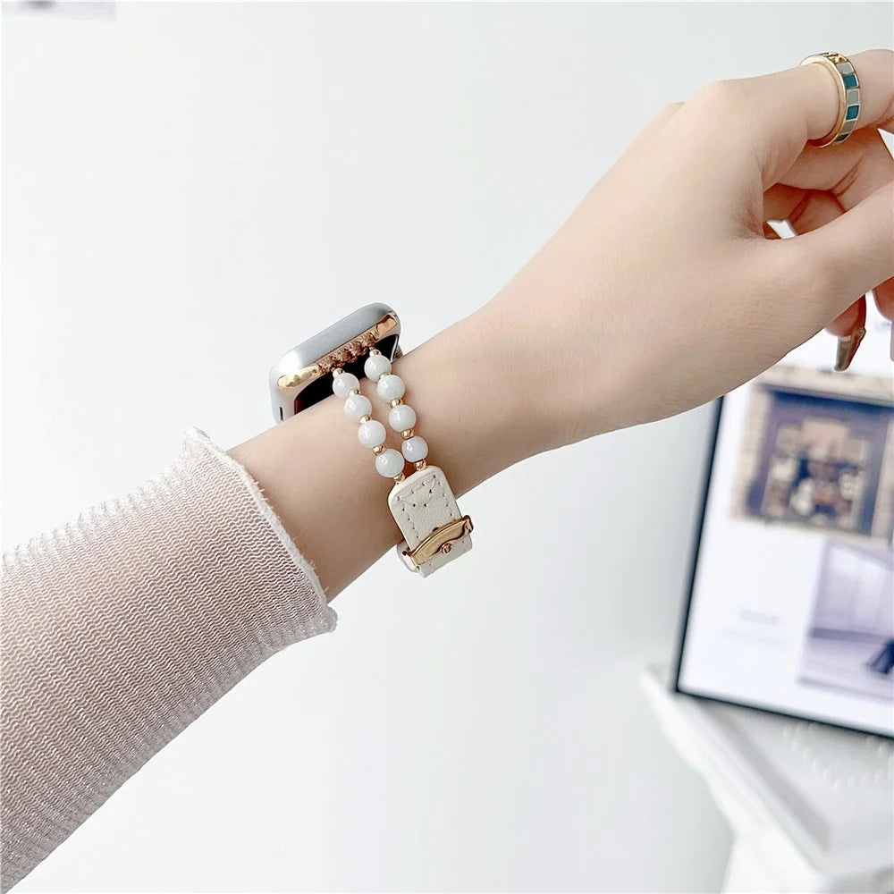 For Apple Watch Series 11 10 42mm / 9 8 7 41mm / SE3 SE2 SE 6 5 4 40mm / 3 2 1 38mm Watch Strap Jade Bead Band - White - 3