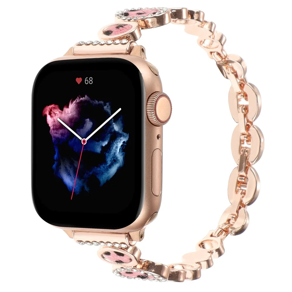 Leopard Print Band for Apple Watch Ultra 3 2 1 49mm / Series 11 10 46mm / 9 8 7 45mm / SE3 SE2 SE 6 5 4 44mm / 3 2 1 42mm Metal Strap - Rose Gold - 2
