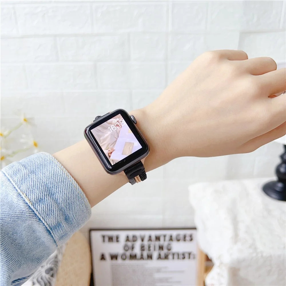 For Apple Watch Series 11 10 42mm / 9 8 7 41mm / SE3 SE2 SE 6 5 4 40mm / 3 2 1 38mm Leather Watch Band - Black - 2