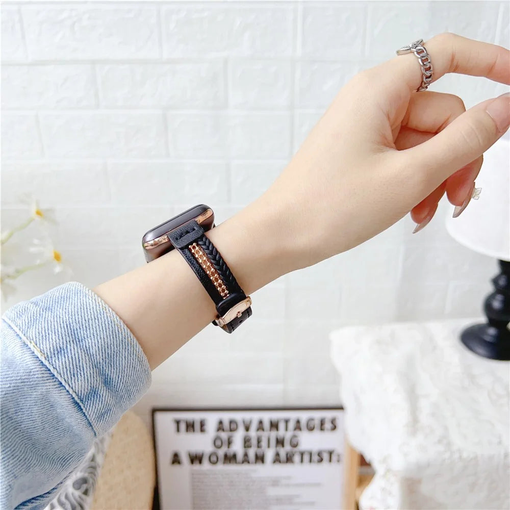 For Apple Watch Ultra 3 2 1 49mm / Series 11 10 46mm / 9 8 7 45mm / SE3 SE2 SE 6 5 4 44mm / 3 2 1 42mm Slim Leather Strap - Black - 3