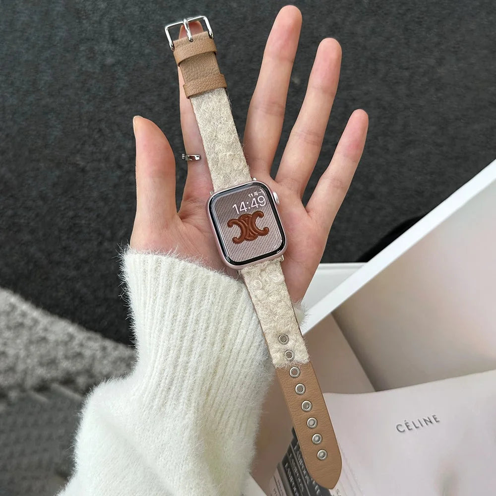 For Apple Watch Ultra 3 2 1 49mm / Series 11 10 46mm / 9 8 7 45mm / SE3 SE2 SE 6 5 4 44mm / 3 2 1 42mm Splicing Wrist Strap  - White+Brown - 1