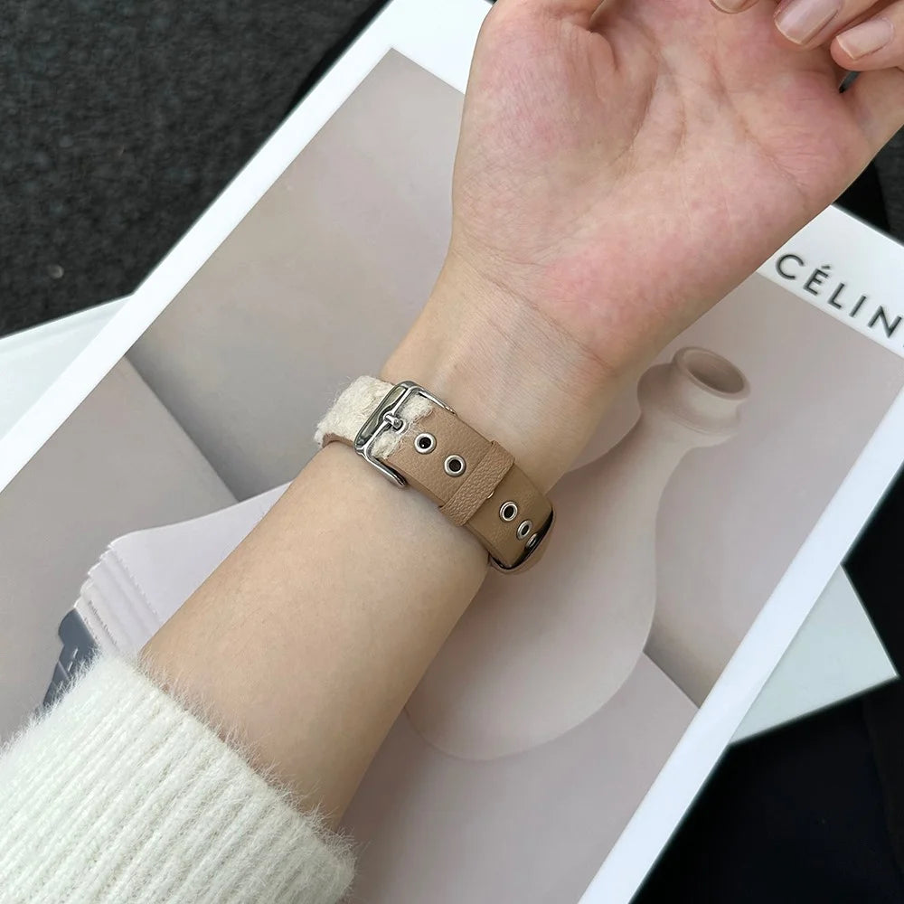For Apple Watch Ultra 3 2 1 49mm / Series 11 10 46mm / 9 8 7 45mm / SE3 SE2 SE 6 5 4 44mm / 3 2 1 42mm Splicing Wrist Strap  - White+Brown - 4