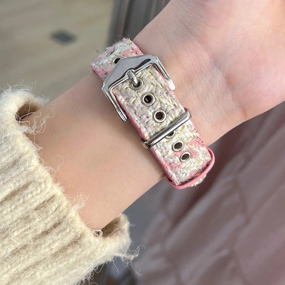 For Apple Watch Series 11 10 42mm / 9 8 7 41mm / SE3 SE2 SE 6 5 4 40mm / 3 2 1 38mm Watch Band Woolen+Leather Strap - Pink+White - 5