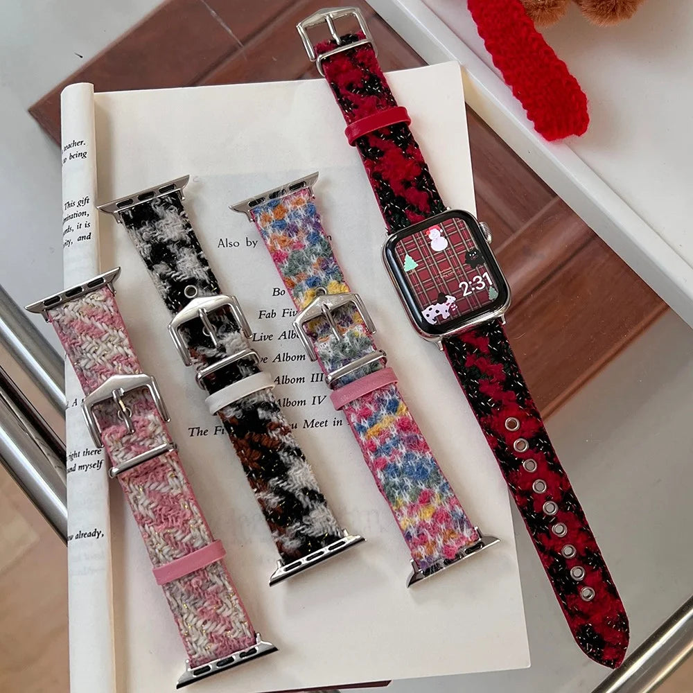 For Apple Watch Ultra 3 2 1 49mm / Series 11 10 46mm / 9 8 7 45mm / SE3 SE2 SE 6 5 4 44mm / 3 2 1 42mm Stylish Art Woolen Wristband Strap - Pink+White - 7