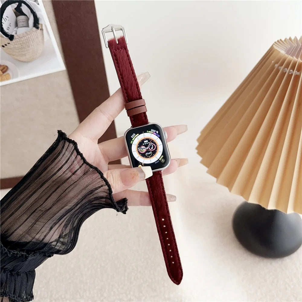 Furry PU Leather Strap for Apple Watch Series 11 10 42mm / 9 8 7 41mm / SE3 SE2 SE 6 5 4 40mm / 3 2 1 38mm Wrist Band - Wine Red - 1