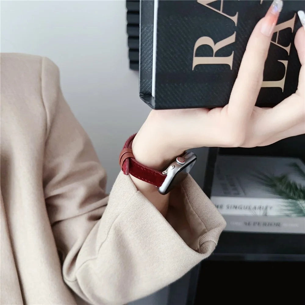 Furry PU Leather Strap for Apple Watch Series 11 10 42mm / 9 8 7 41mm / SE3 SE2 SE 6 5 4 40mm / 3 2 1 38mm Wrist Band - Wine Red - 3