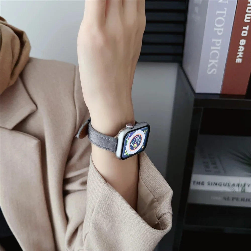 Furry PU Leather Strap for Apple Watch Series 11 10 42mm / 9 8 7 41mm / SE3 SE2 SE 6 5 4 40mm / 3 2 1 38mm Wrist Band - Wine Red - 5