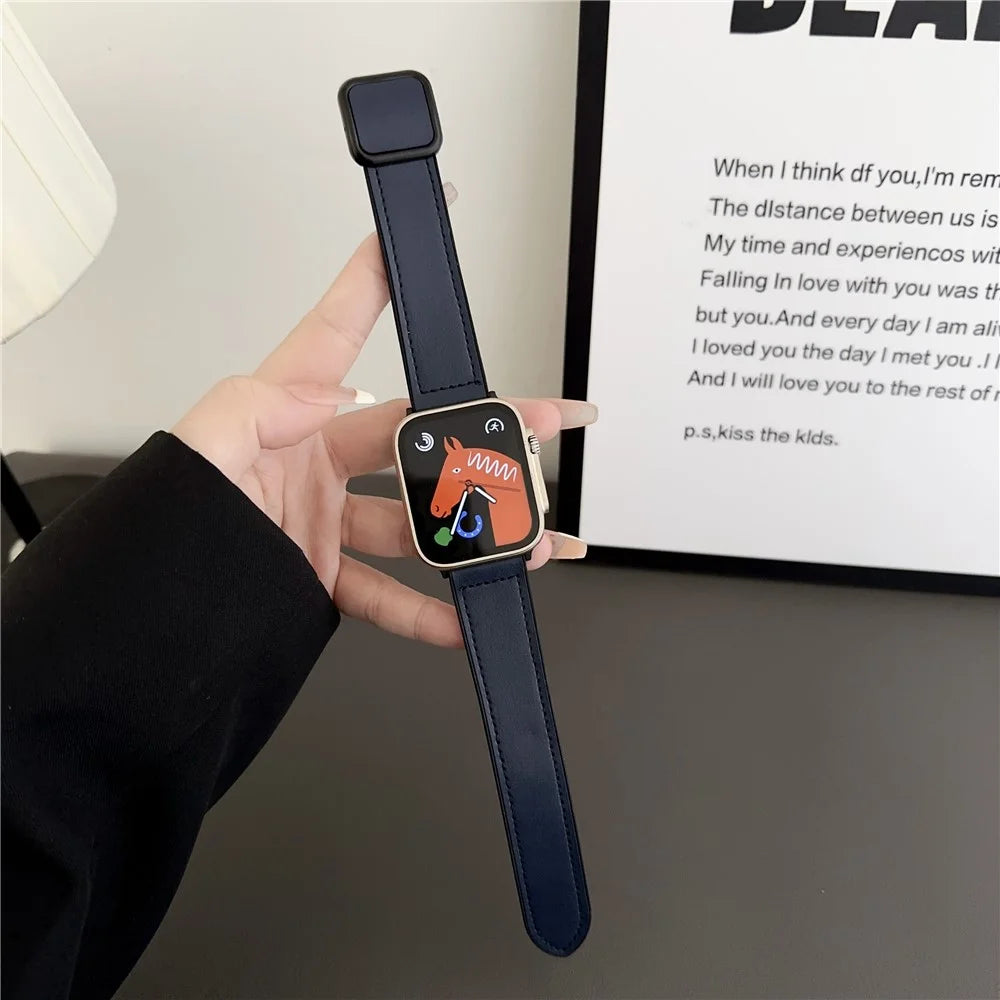 PU Leather Strap for Apple Watch Series 11 10 42mm / 9 8 7 41mm / SE3 SE2 SE 6 5 4 40mm / 3 2 1 38mm Magnetic Buckle Band - Navy Blue - 1