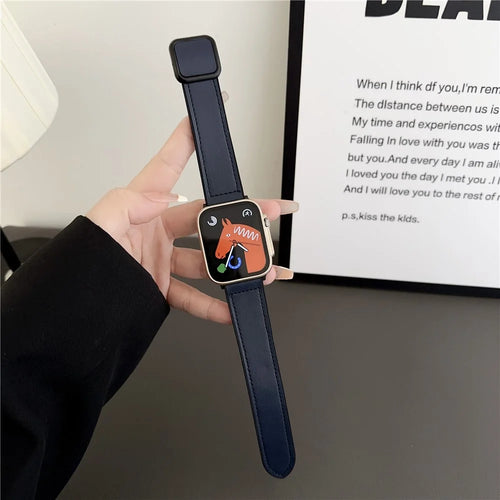 PU Leather Strap for Apple Watch Series 11 10 42mm / 9 8 7 41mm / SE3 SE2 SE 6 5 4 40mm / 3 2 1 38mm Magnetic Buckle Band - Navy Blue - 1