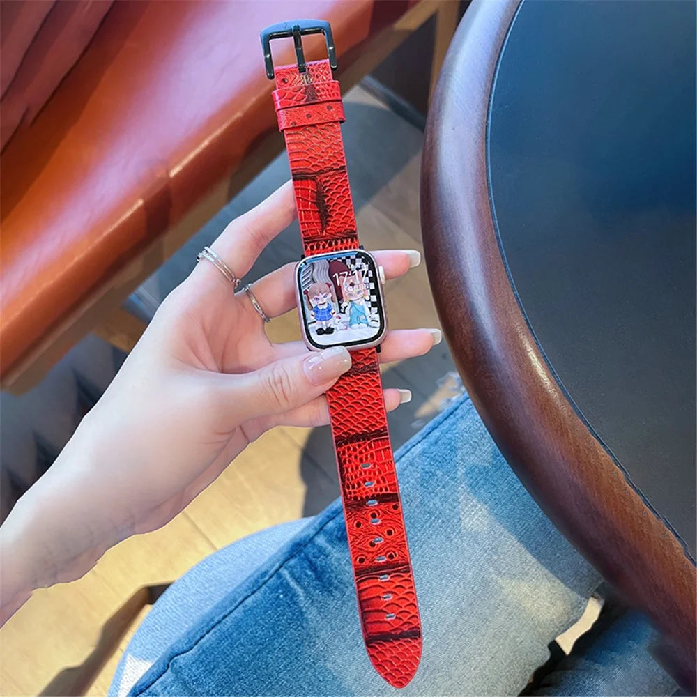 For Apple Watch Series 11 10 42mm / 9 8 7 41mm / SE3 SE2 SE 6 5 4 40mm / 3 2 1 38mm Crocodile Texture Leather Watch Band - Red - 1
