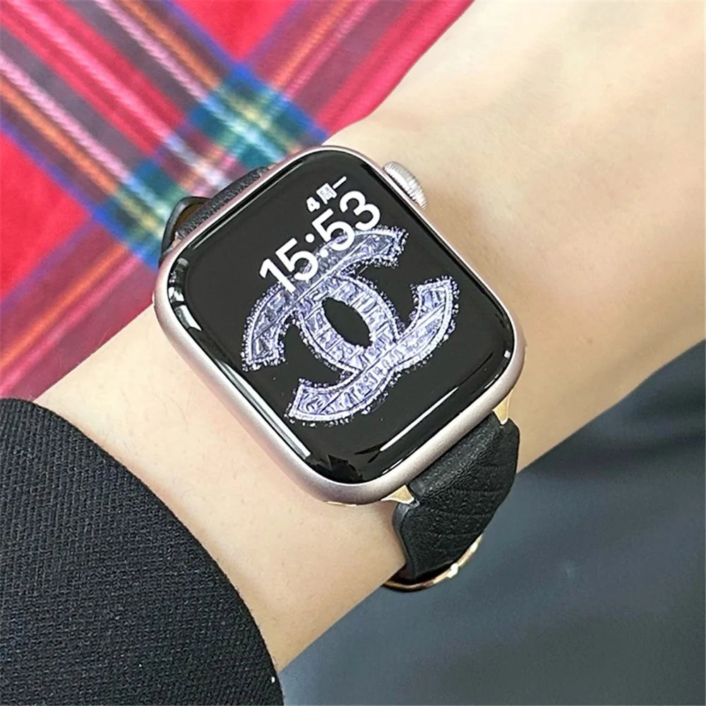 For Apple Watch Ultra 3 2 1 49mm / Series 11 10 46mm / 9 8 7 45mm / SE3 SE2 SE 6 5 4 44mm / 3 2 1 42mm Cowhide Leather Bracelet Strap - Black - 4