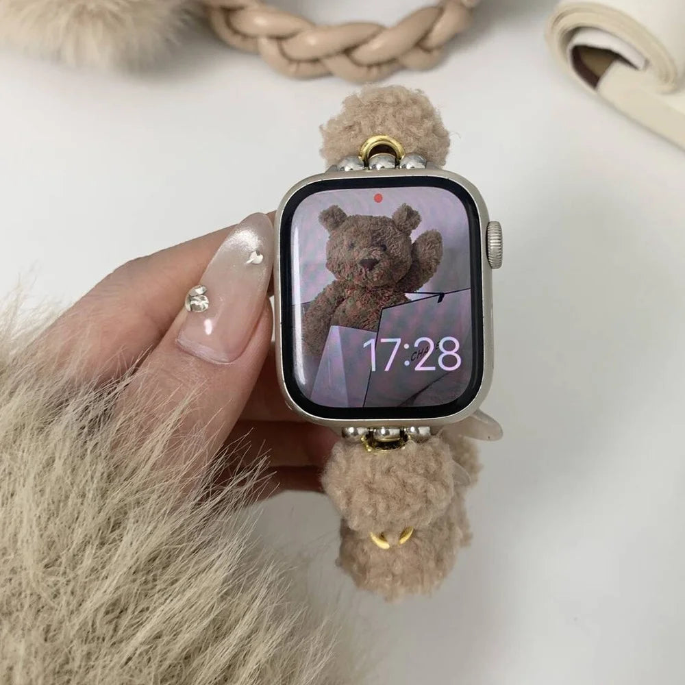 For Apple Watch Series 11 10 42mm / 9 8 7 41mm / SE3 SE2 SE 6 5 4 40mm / 3 2 1 38mm Soft Plush Band - Khaki - 3
