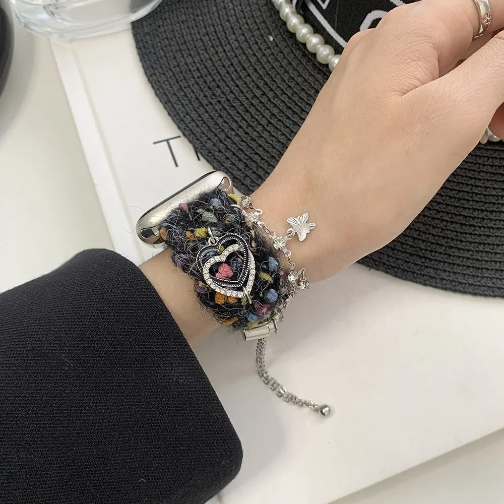 For Apple Watch Series 11 10 42mm / 9 8 7 41mm / SE3 SE2 SE 6 5 4 40mm / 3 2 1 38mm Bracelet Plush Watch Strap - Black - 5