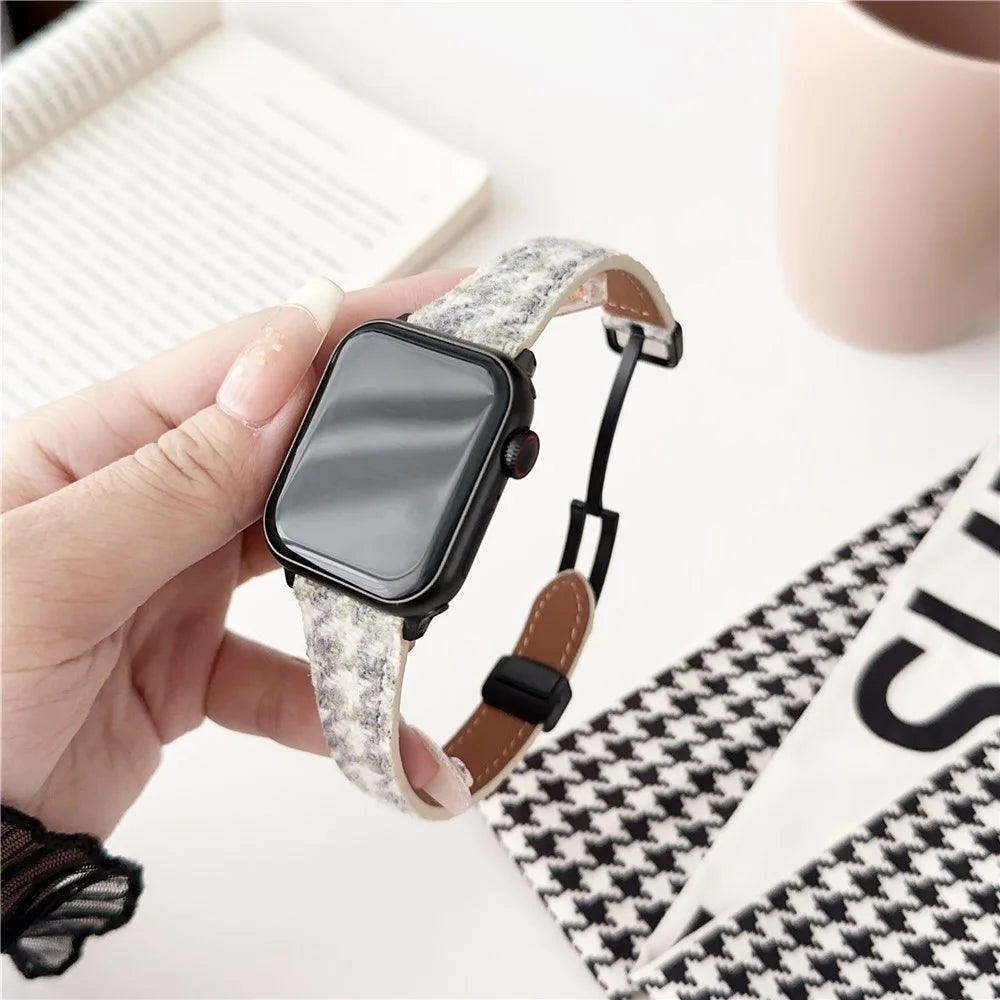 For Apple Watch Series 11 10 42mm / 9 8 7 41mm / SE3 SE2 SE 6 5 4 40mm / 3 2 1 38mm Houndstooth Woolen Watch Strap - Beige - 2
