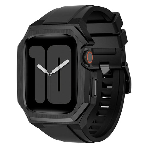 For Apple Watch SE (2023) SE (2022) SE Series 6 5 4 44mm Fluororubber Strap with Stainless Steel Watch Case - Black - 1