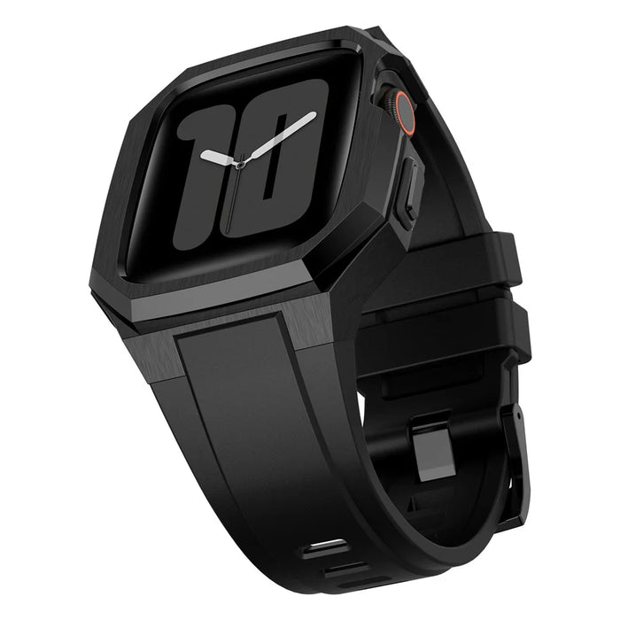 For Apple Watch SE (2023) SE (2022) SE Series 6 5 4 44mm Fluororubber Strap with Stainless Steel Watch Case - Black - 2