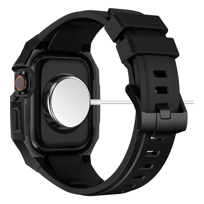 For Apple Watch SE (2023) SE (2022) SE Series 6 5 4 44mm Fluororubber Strap with Stainless Steel Watch Case - Black - 5