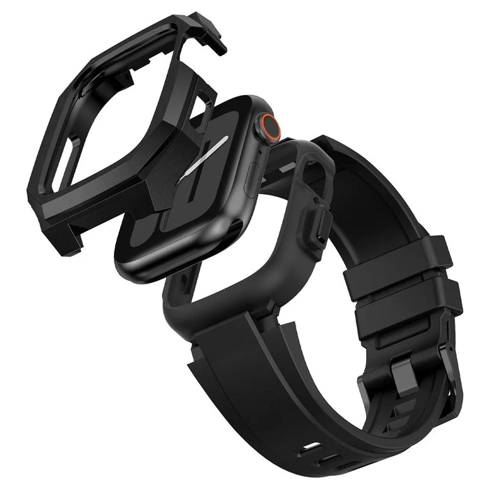 For Apple Watch SE (2023) SE (2022) SE Series 6 5 4 44mm Fluororubber Strap with Stainless Steel Watch Case - Black - 7
