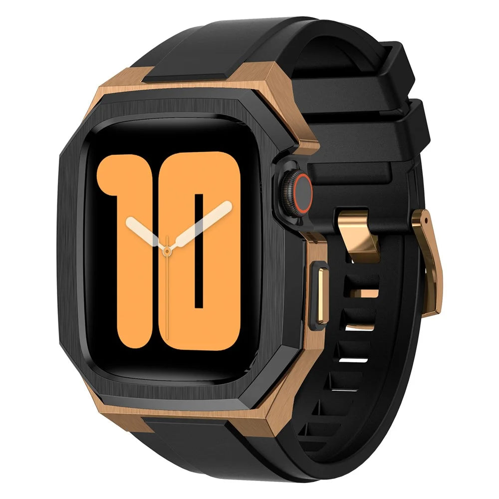 For Apple Watch Series 9 8 7 45mm Band Fluororubber Watch Strap with Stainless Steel Bezel Case - Black  /  Gold - 1